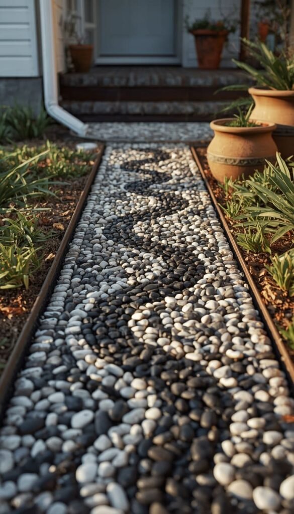 Pebble Mosaic Drainage Path as the Artisan Downspout Idea for Detail Obsessed Homeowners