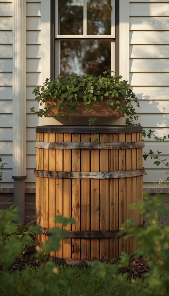 Rain Barrel With Decorative Planter Surround as a Style Meets Water Conservation Solution