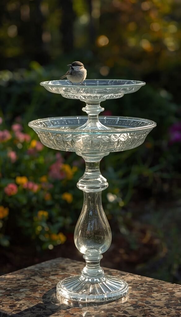 Recycled Glassware Pedestal Bird Bath