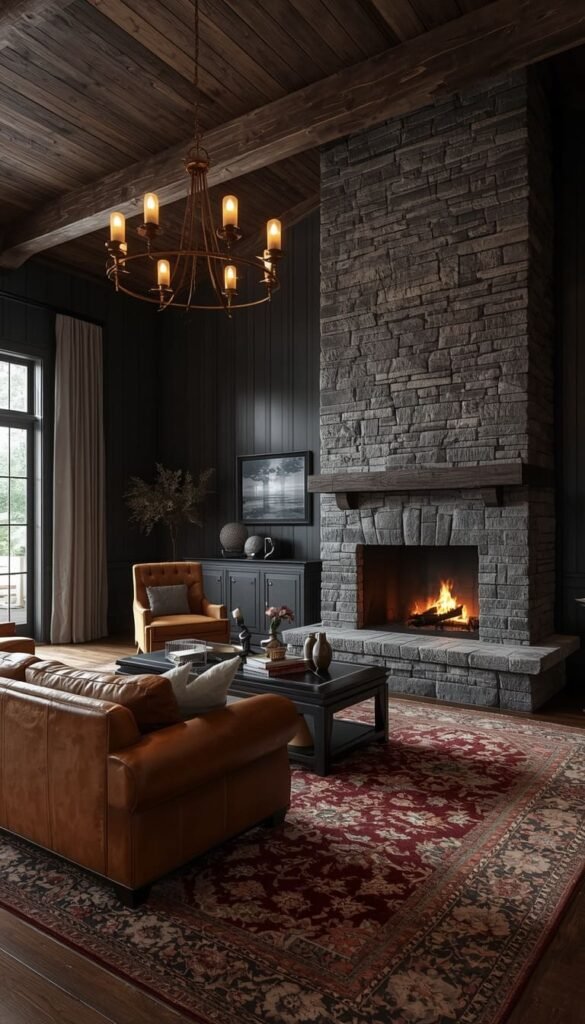 Rustic Chic Farmhouse Living Room Dark Woods and Moody Tones