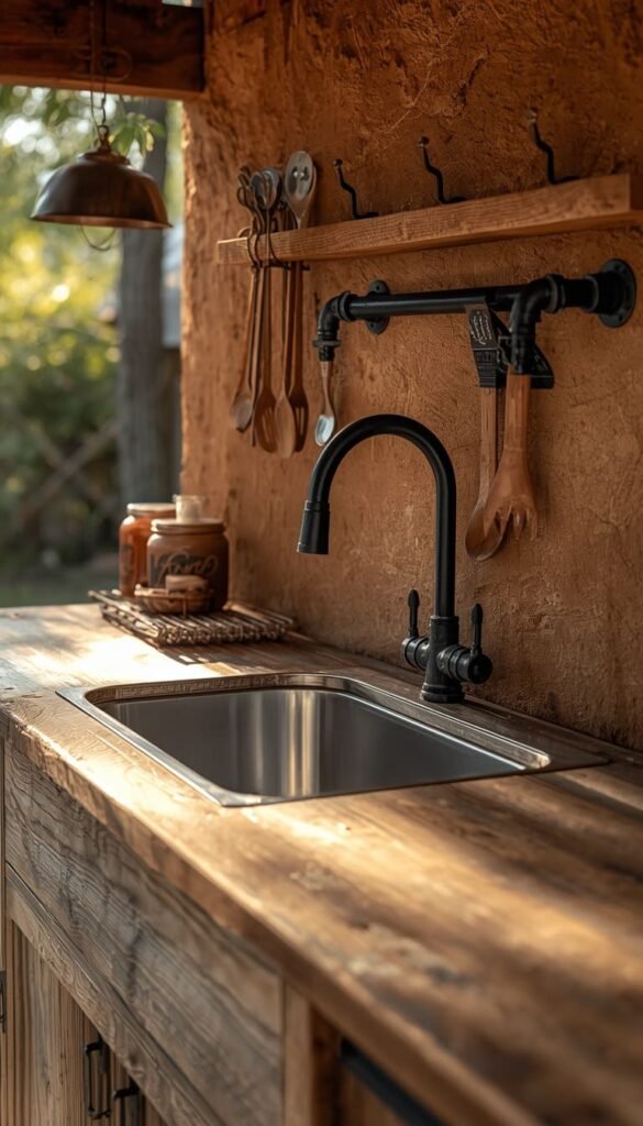 Rustic Wooden Mud Kitchen Sink Ideas with Reclaimed Bowl