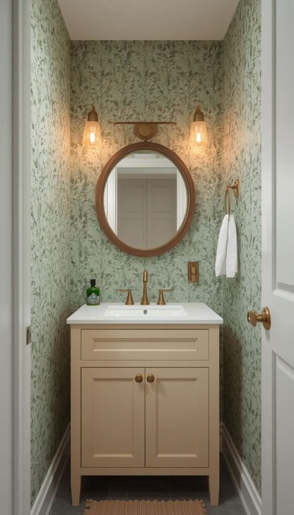 Scandi Wallpaper Paired With a Contrasting Vanity Color