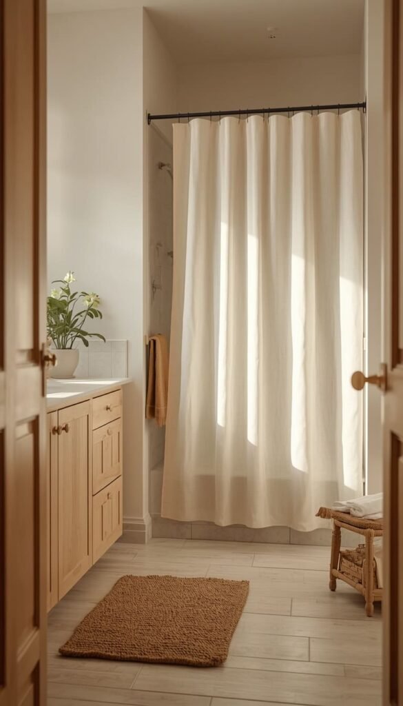  Scandinavian Earth Tone Bathroom With Light Oak and Linen Textures