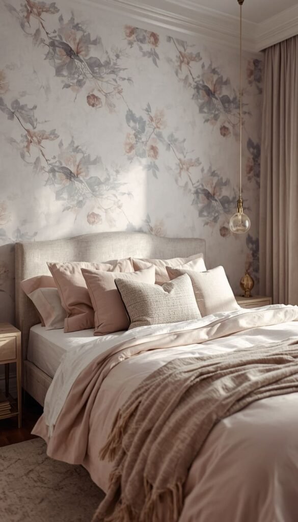 Soft Grey Floral Wallpaper for a Romantic Airy Bedroom