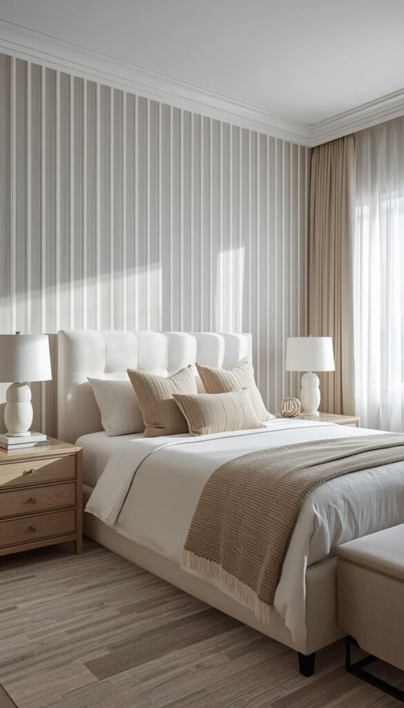 Soft Grey Striped Wallpaper to Make Low Ceilings Feel Taller