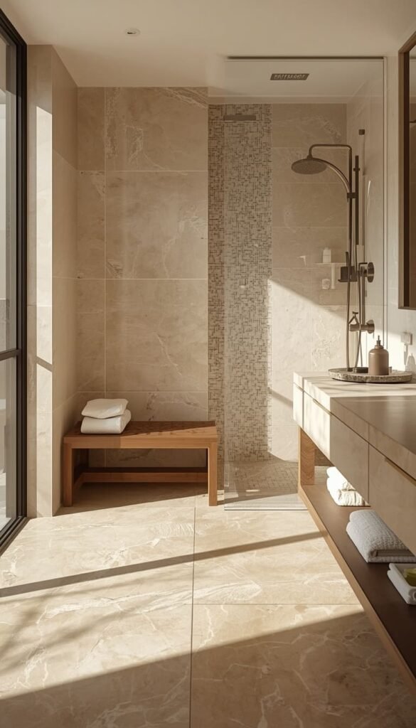 Spa Style Bathroom Ideas Using Warm Neutral Tile and Teak Accents