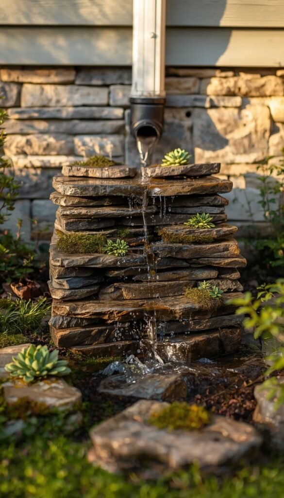 Stacked Flat Rock Waterfall as a Budget DIY Downspout Drainage Idea Under $50