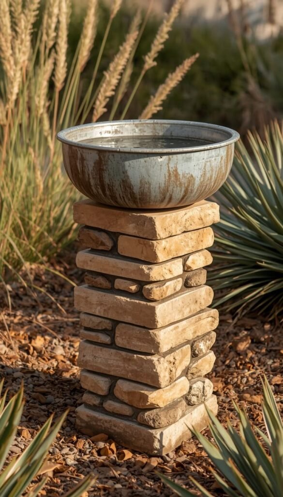 Stacked Stone and Galvanized Lid Bird Bath