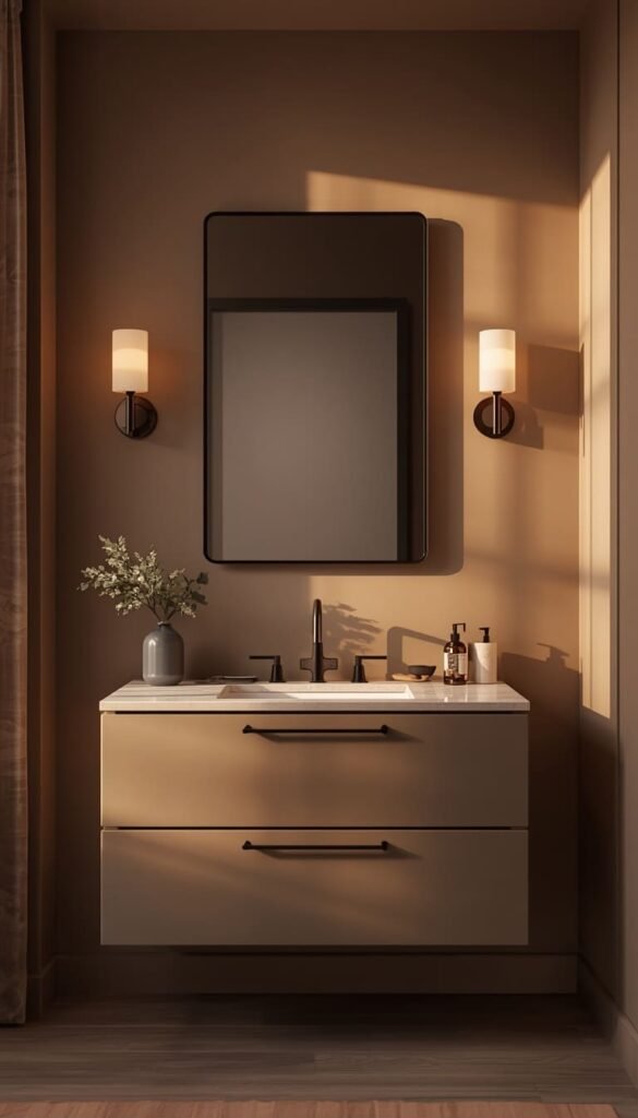 Taupe Bathroom Design With Matte Black Fixtures and Soft Lighting