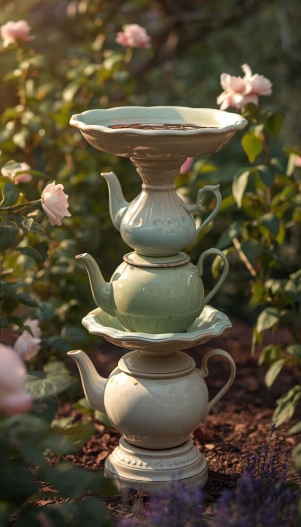 Teapot Stack Bird Bath