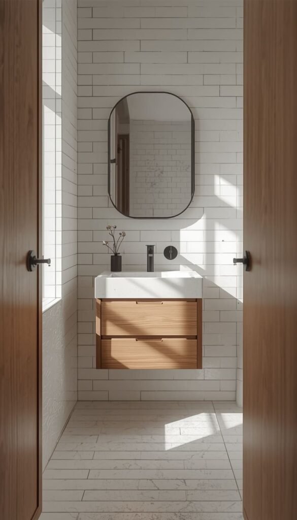 The Classic White Square Tile With Warm Wood Vanity