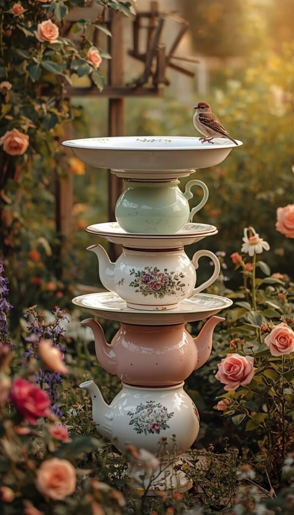 Thrifted Teapot Stack Bird Bath