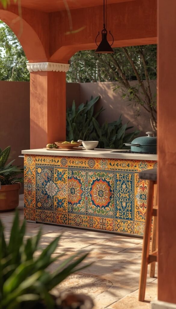 Tile Finished Outdoor Cooking Area Bold Colorful and Easy to Clean