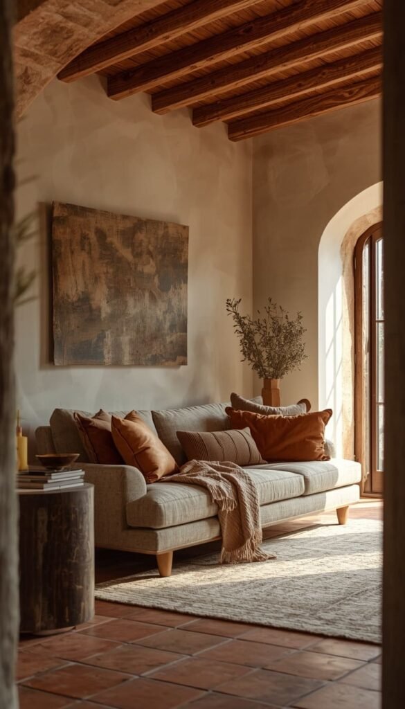 Tuscan Warmth Exposed Beams, Terracotta and Raw Linen