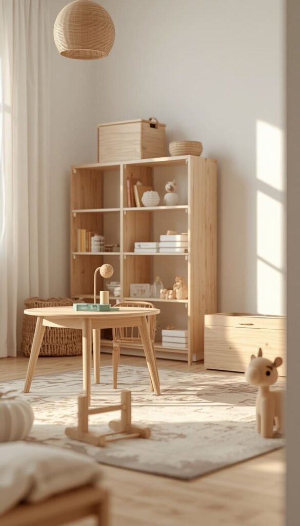 Use Light Wood Playroom Decor for Warmth Without Weight