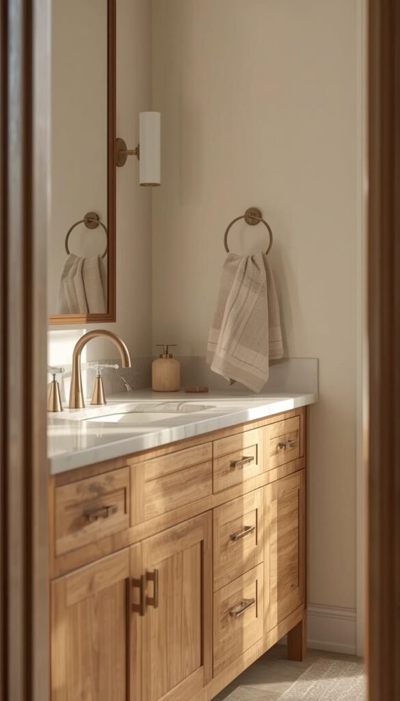 Warm Beige Bathroom With a Wood Vanity and Brass Hardware