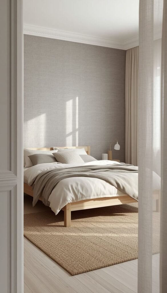 Warm Grey Linen Look Wallpaper for a Cozy Minimalist Bedroom