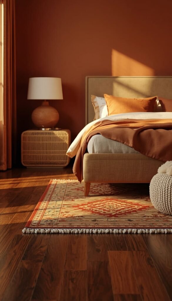  Warm Toned Bedroom with Dark Walnut Floors