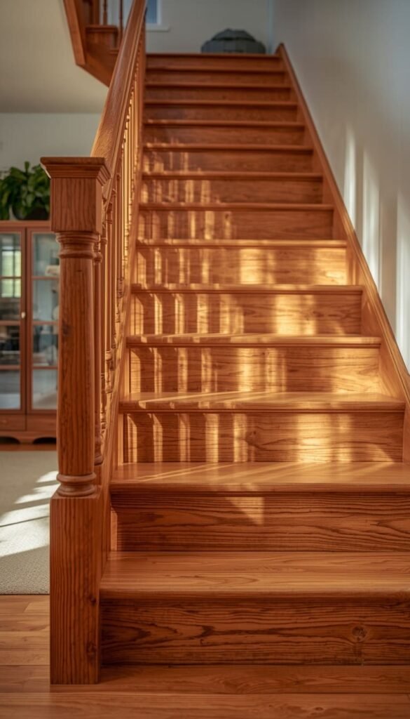 Warm Wood Only Staircases That Create a Cozy Farmhouse Entryway