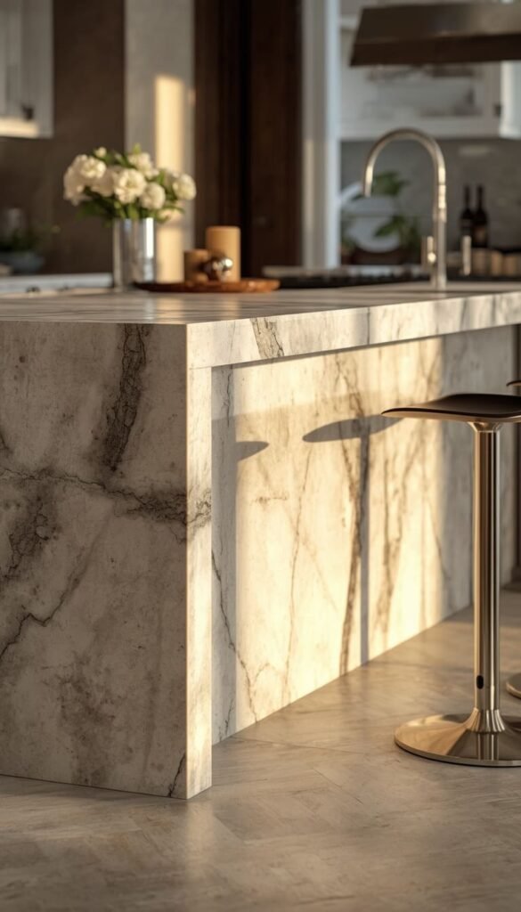 Waterfall Island With Bar Seating Contemporary Kitchen Island Ideas With Seating