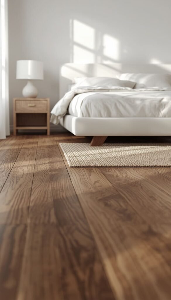  White Bedroom with Dark Wood Floors