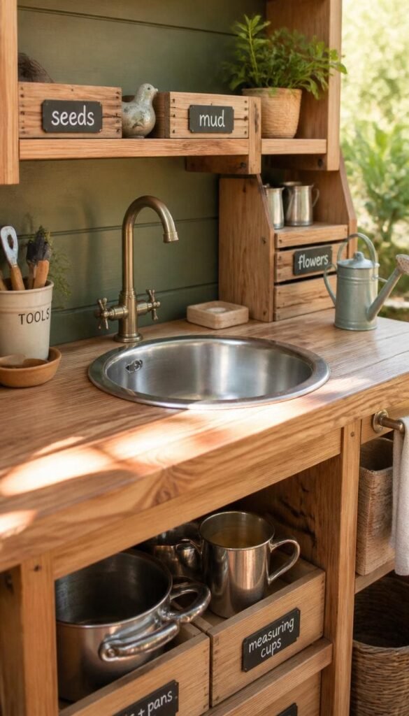 Wooden Mud Kitchen Sink Ideas with Open Shelf Storage