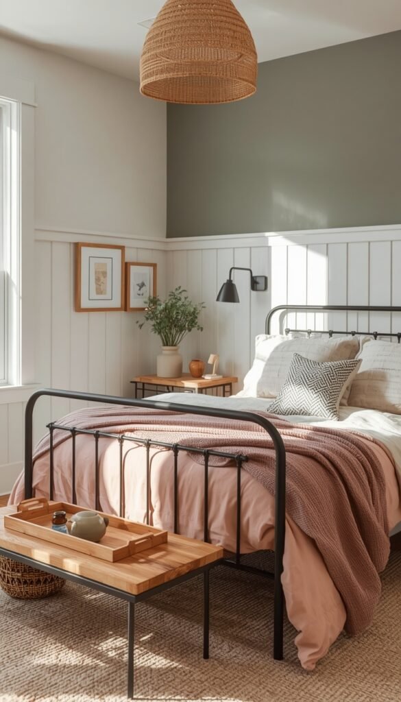 Modern Farmhouse Sage and Pink Bedroom