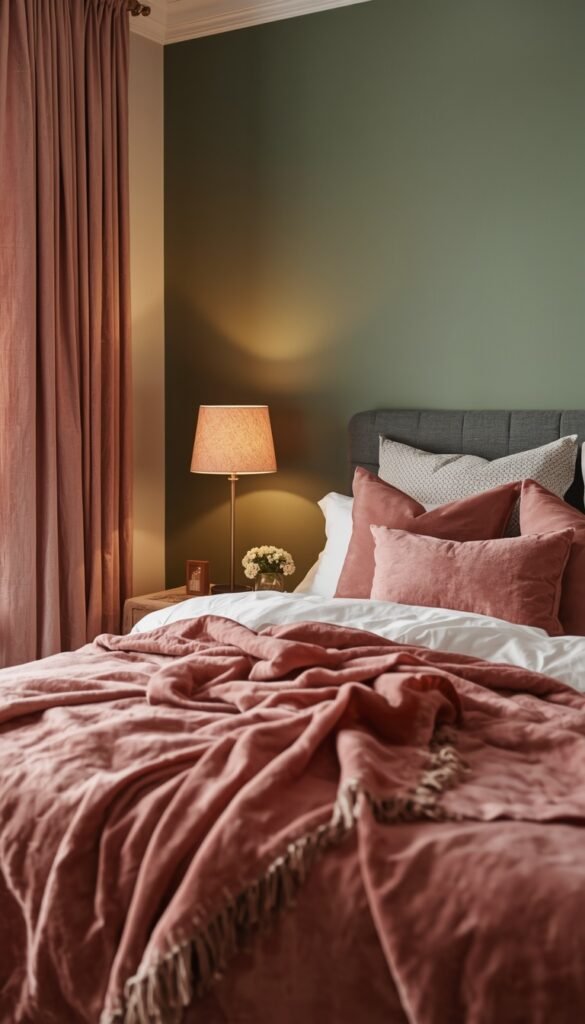 Sage Green Accent Wall with Rose Pink Textiles 
