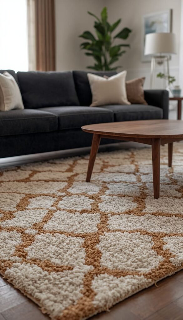 Add a Statement Rug Under Your Black Sofa to Anchor the Whole Room
