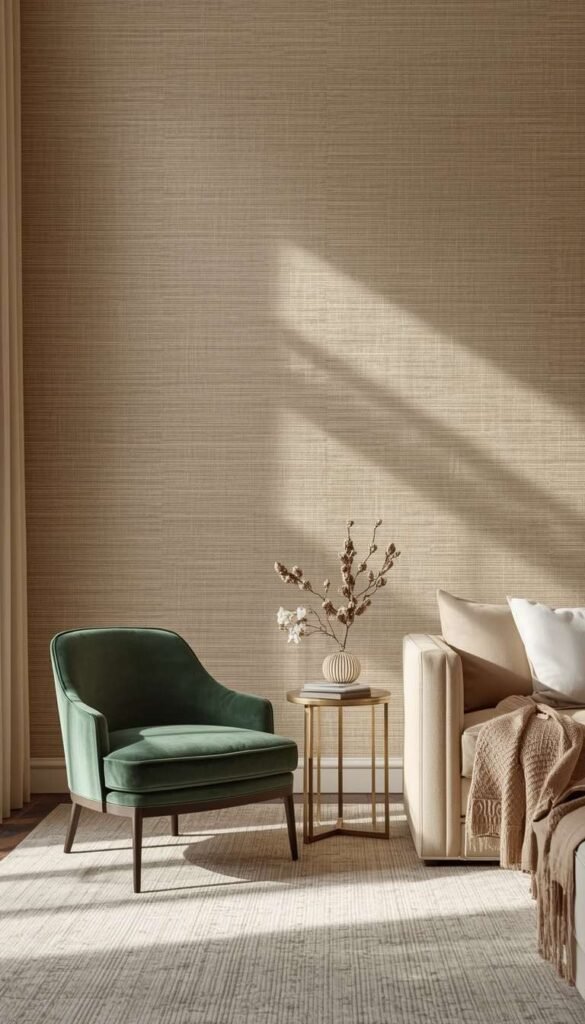Beige Grasscloth Walls with Green Velvet Accents