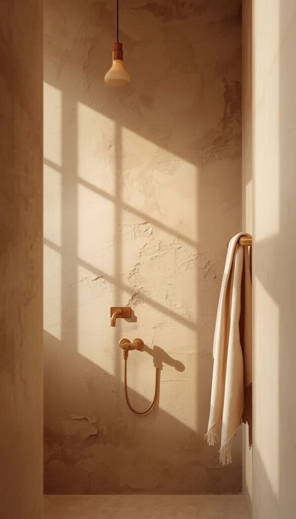 Beige Limewash Walls with Warm Brass Fixtures