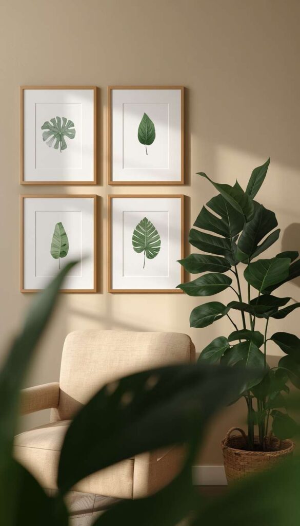 Beige Walls with Green Botanical Prints and Greenery