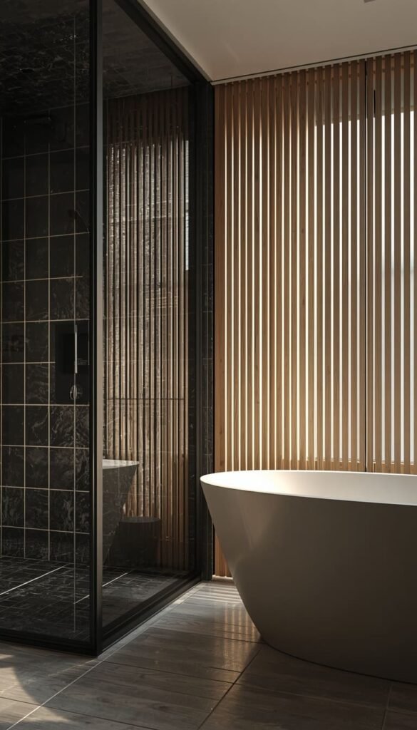 Black Shower Tile with a Wood Accent Wall for Instant Spa Style