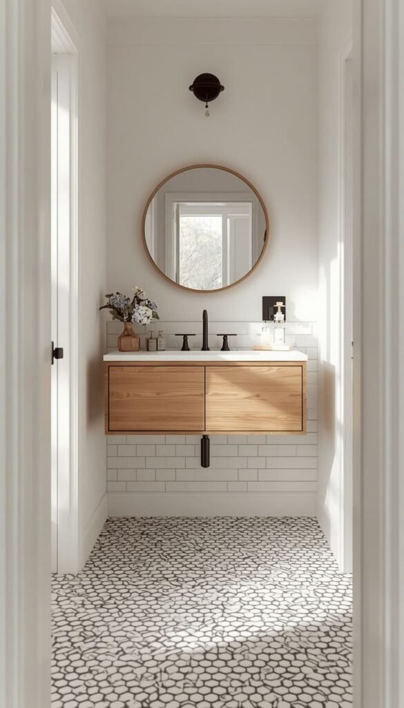 Black and Oak Bathroom Design Anchored by Bold Geometric Floor Tile