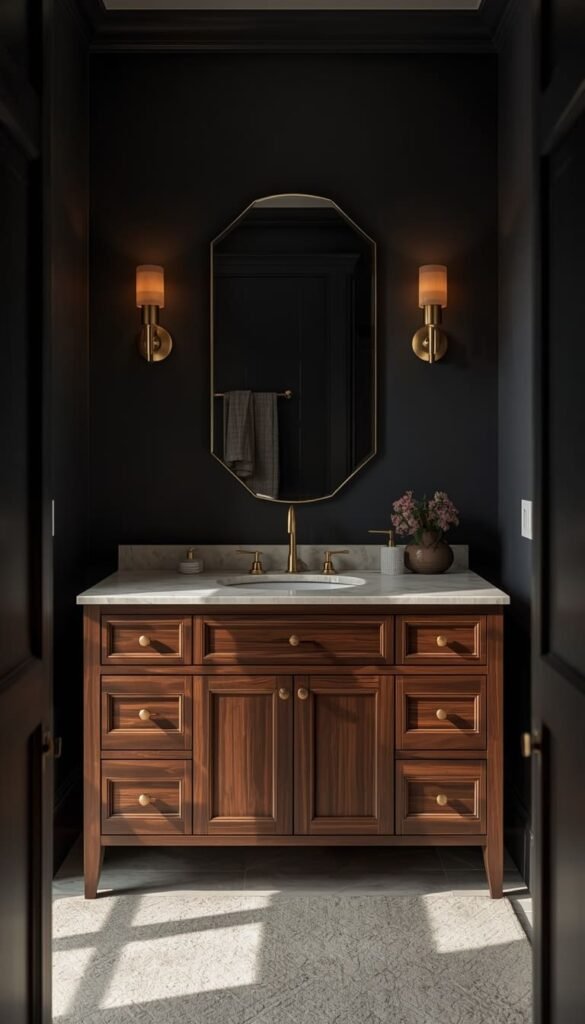  Black and Walnut Bathroom Paired with Brushed Gold Accents