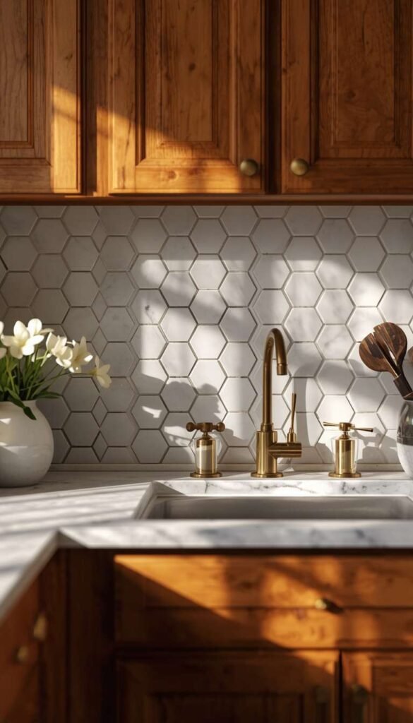 Black and White Hex Tile Backsplash