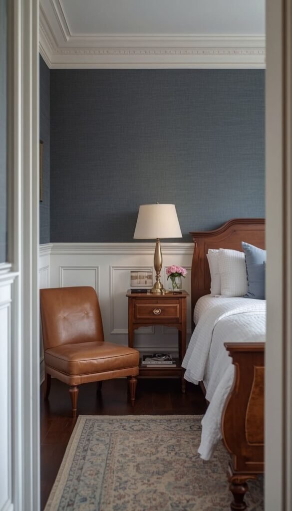 Blue Grasscloth Wallpaper With White Molding for a Traditional Bedroom