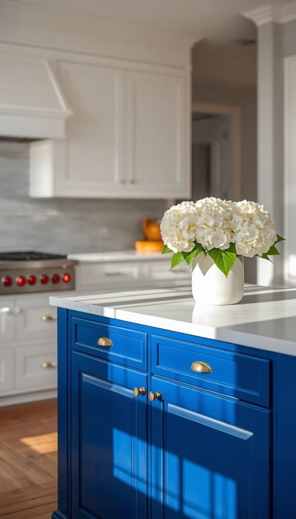 Blue Kitchen Island in an All White Kitchen