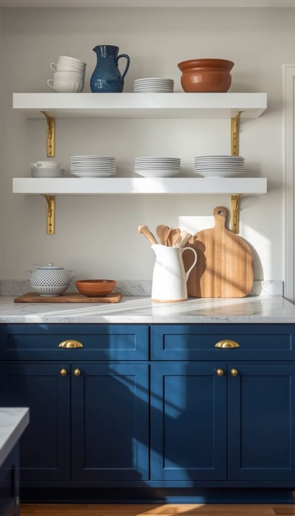Blue Painted Cabinets With Open White Shelving