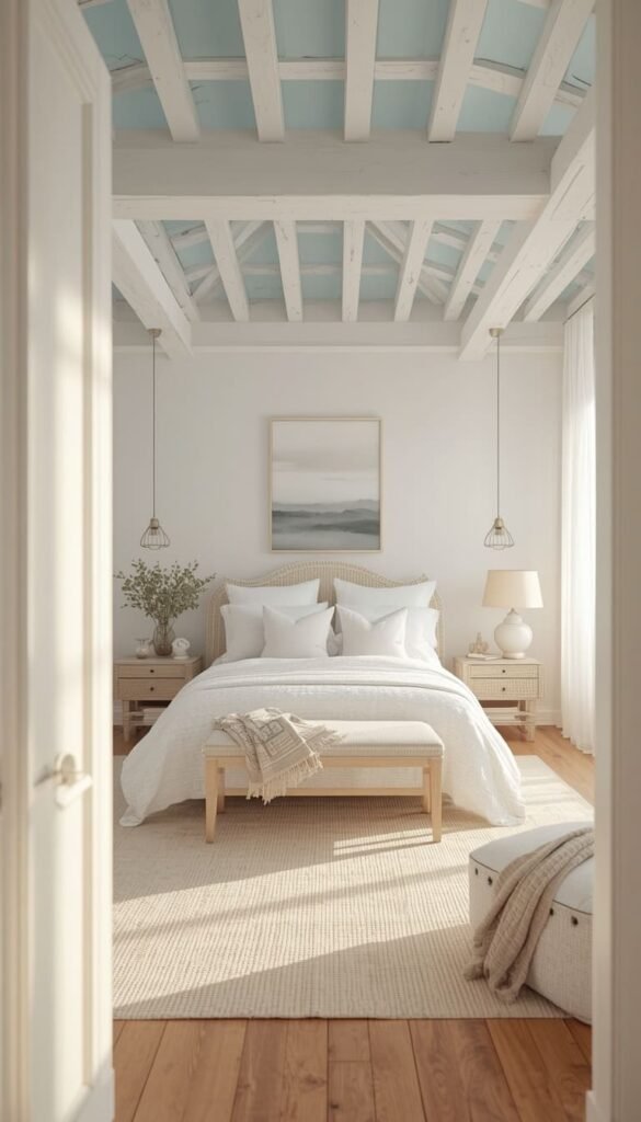 Blue Painted Ceiling Over an All White Bedroom for a Dreamy Unique Look