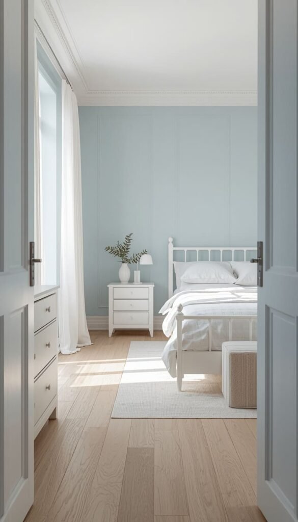 Blue Upholstered Headboard Against White Walls for a Modern Bedroom Aesthetic