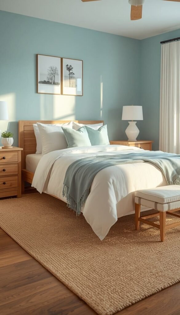 Blue and White Bedroom With Natural Wood Tones for a Warm Coastal Vibe