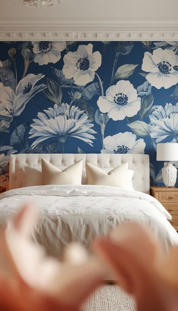  Blue and White Floral Wallpaper Accent Wall for a Romantic Bedroom Look