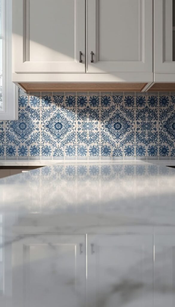 Bold Blue Tile Backsplash Against White Countertops