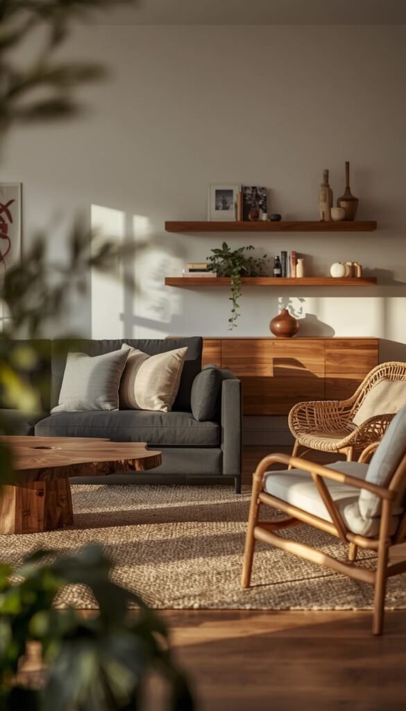 Bring in Natural Wood Tones to Soften a Modern Black Sofa Setup