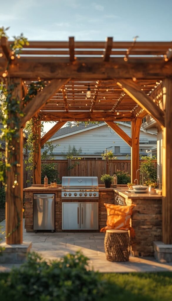 Budget Friendly Backyard Kitchen With a Pergola Roof for Under $500