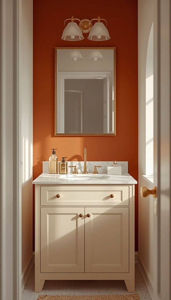 Burnt Sienna Accent Wall with Cream Fixtures and Gold Hardware