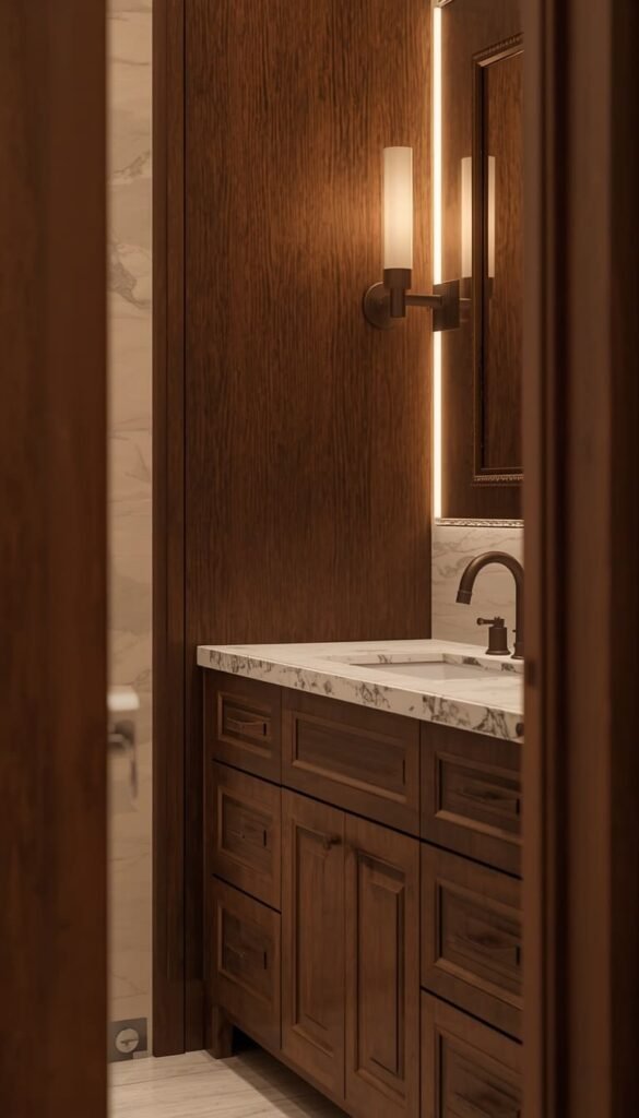 Chocolate Brown Vanity with Cream Stone Countertops