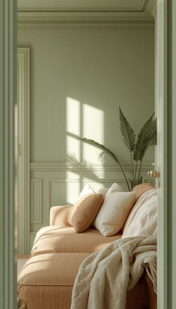 Color Drenched Sage and Beige for Small Living Rooms