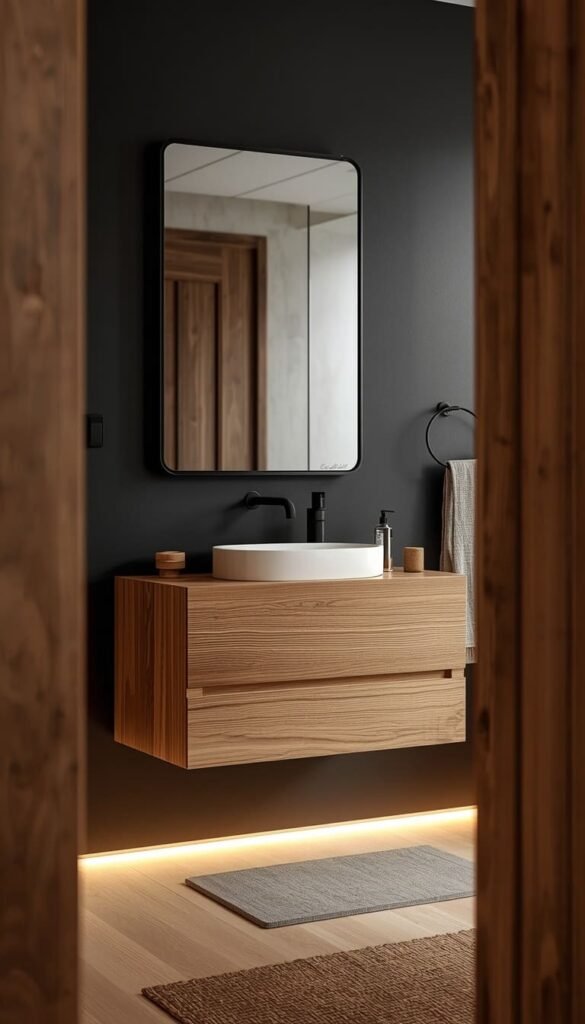 Contemporary Black and Timber Bathroom Featuring a Floating Wood Vanity